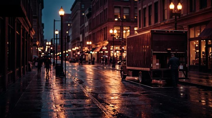 City cartage straight truck making a downtown delivery on a rain-wet street at dusk