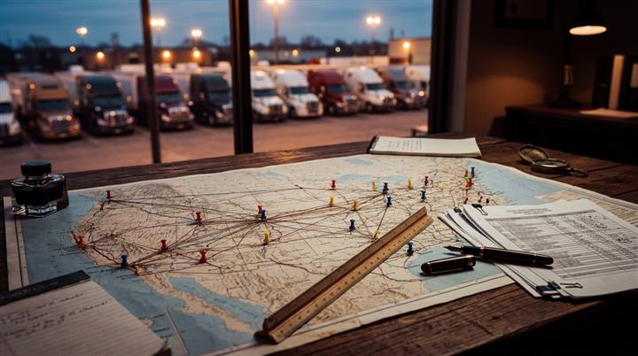 Truckload lane planning map with pinned freight lanes on a dispatch desk, carrier tractor yard at dusk through the window