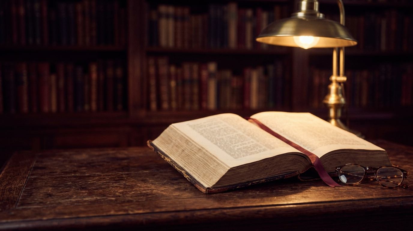 Open leather-bound ledger and fountain pen on an oak library table