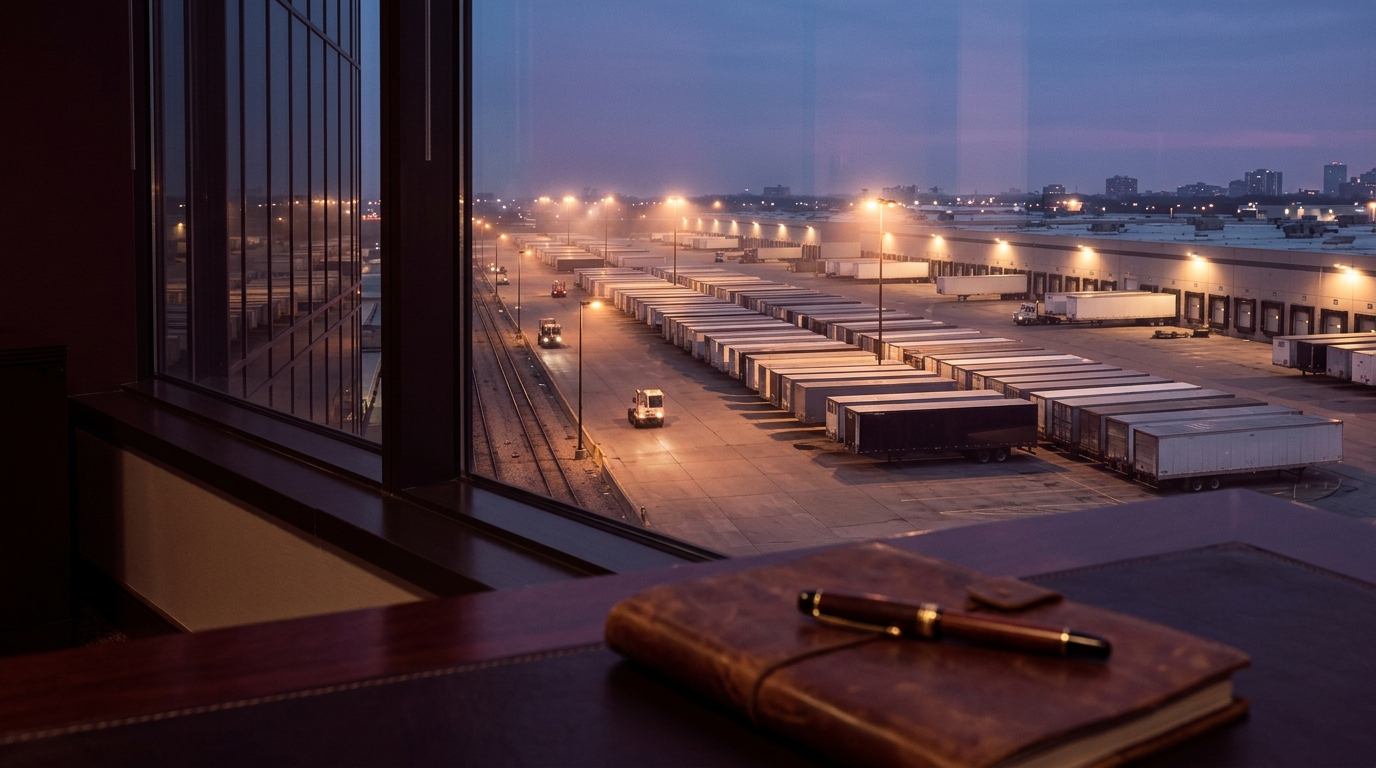 View from an office window over a freight terminal yard with trailers at dock doors at blue hour