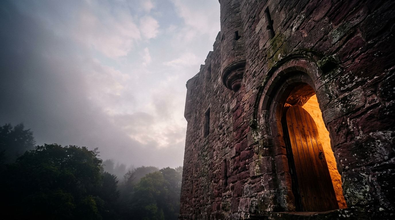 Strong Tower - Arched open stone door glowing with warm morning light, representing an enduring place of refuge and counsel